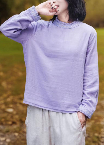 Pink O-neck Ruffled Patchwork Embroideried T Shirt Long Sleeve