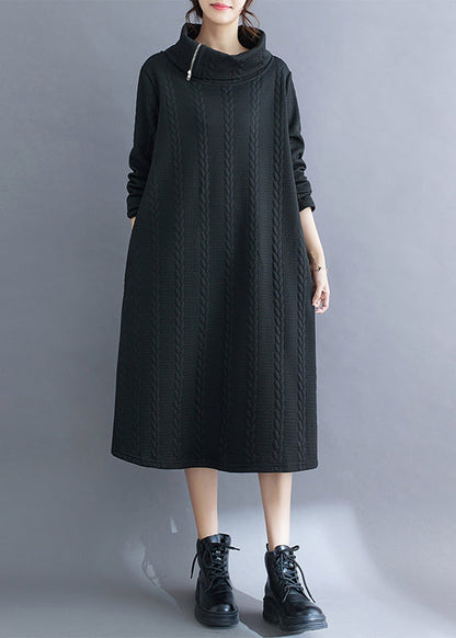 Black Asymmetrical Turtleneck Cotton Long Dress Fall