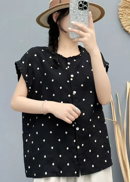 Loose Black Oversized Dot Linen Tank Sleeveless