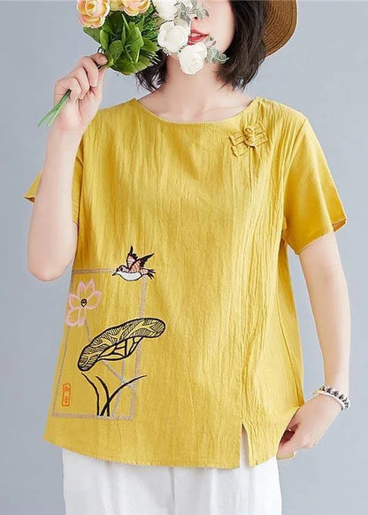 Yellow Oriental Cotton Linen Blouses Summer