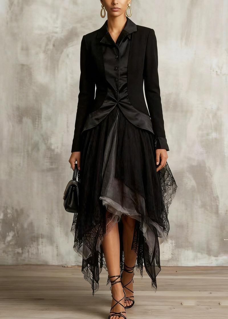 Classy Black Colorblock Tulle Asymmetrical Sesign Skirt Summer