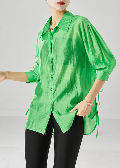 Fluorescent Green Lace Up Silk Blouses Fall