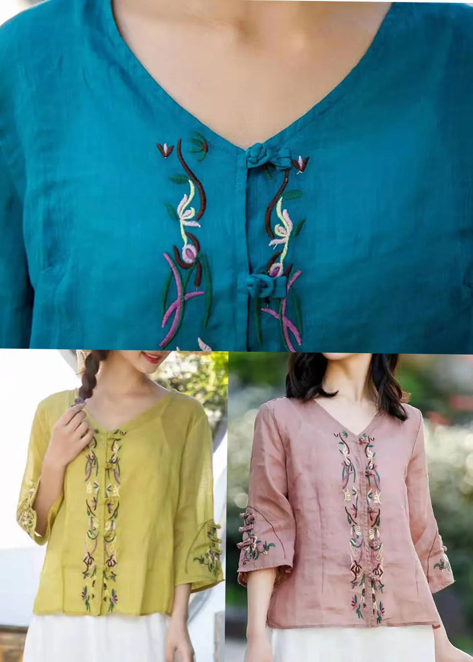Organic Peacock Blue Embroideried Linen Top Three Quarter Sleeve