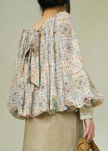 Square Collar Print Lace Up Patchwork Cotton Blouses Fall