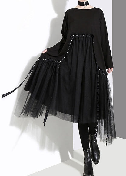French Black O-neck Asymmetrical Tulle Patchwork Long Dresses Spring