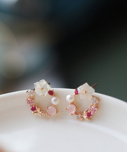 Pink Copper Overgild Zircon Hoop Earrings
