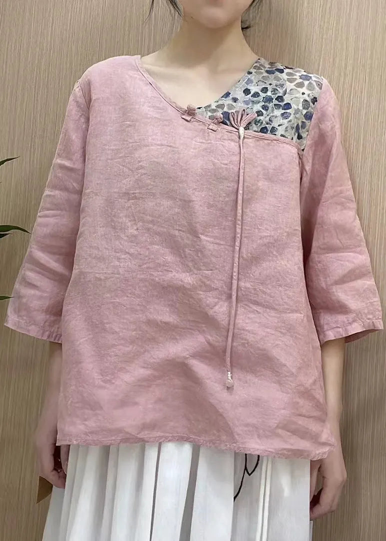Orange V Neck Asymmetrical Design Print Linen Top Three Quarter Sleeve