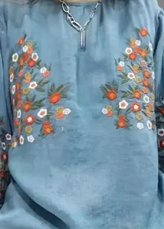 Blue O-neck Embroidered Tops Fall