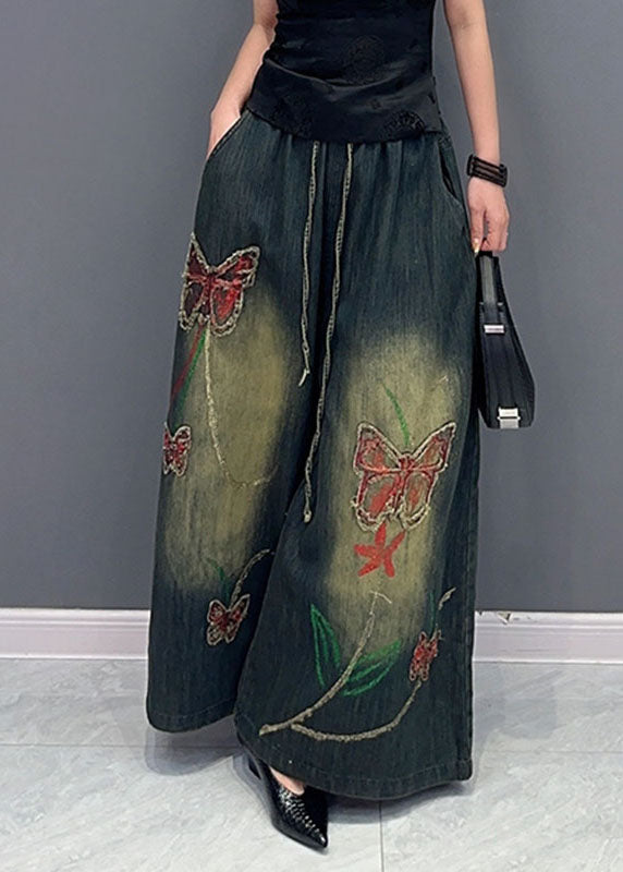 Embroideried Pockets Wide Leg Jeans
