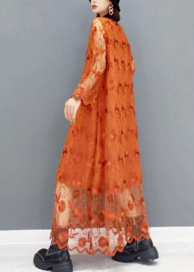 Unique Khaki Tulle Embroideried Fall Long Sleeve Long Dress