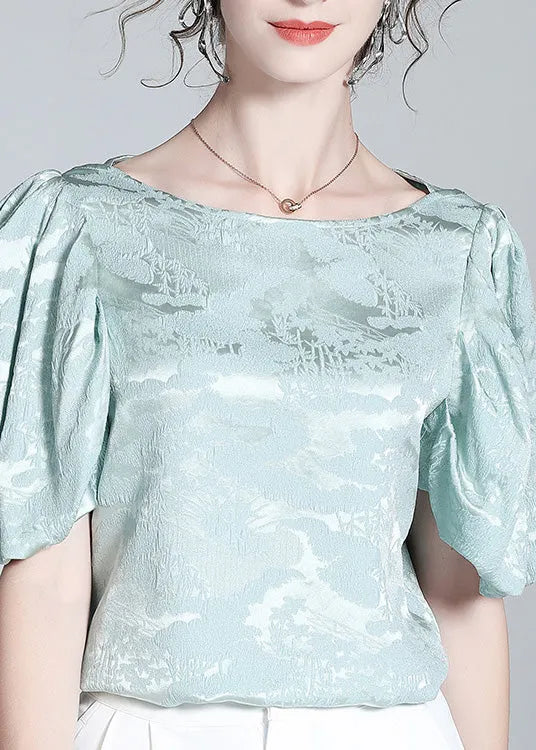 Baby Blue O-neck Jacquard Silk Top Puff Sleeve