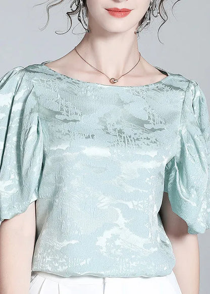 Baby Blue O-neck Jacquard Silk Top Puff Sleeve