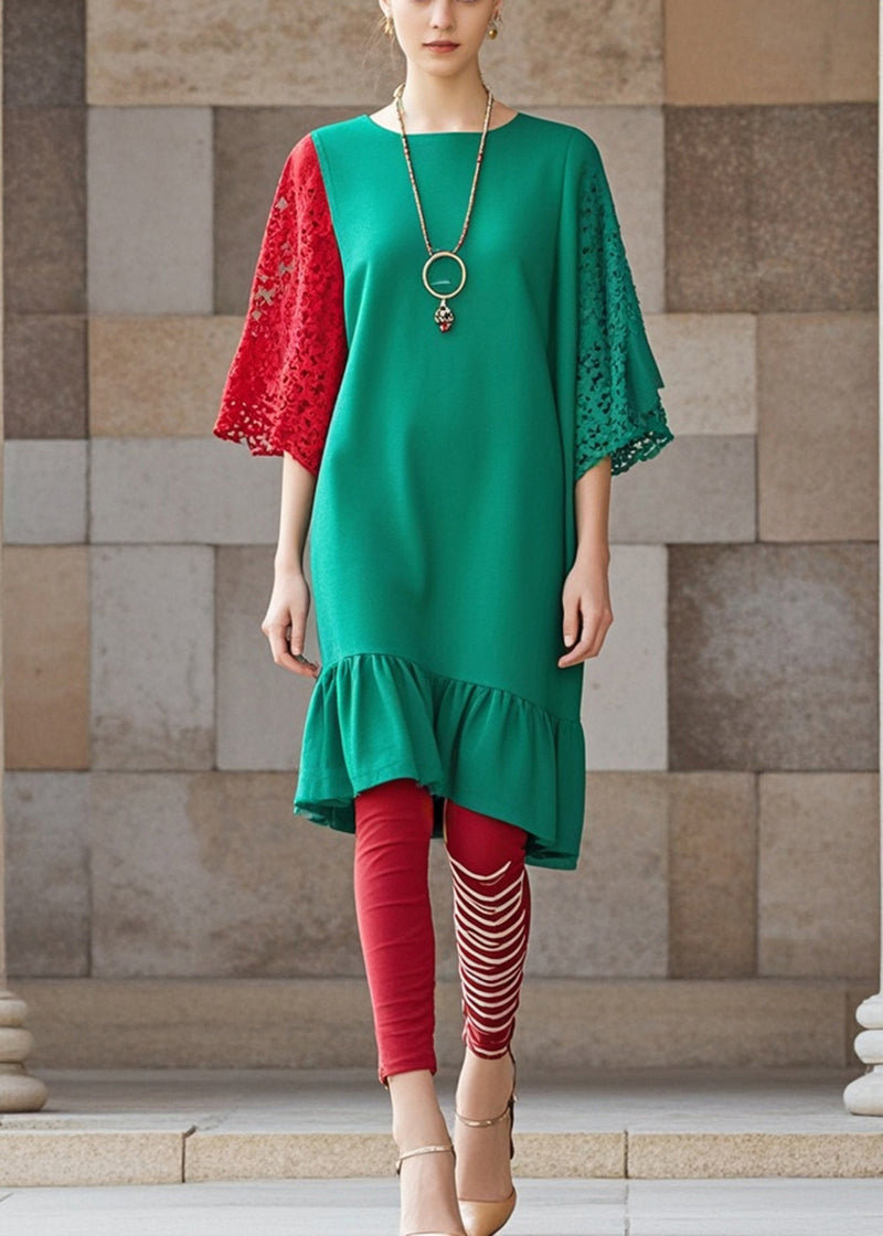 Green Ruffles Patchwork Lace Dresses Fall
