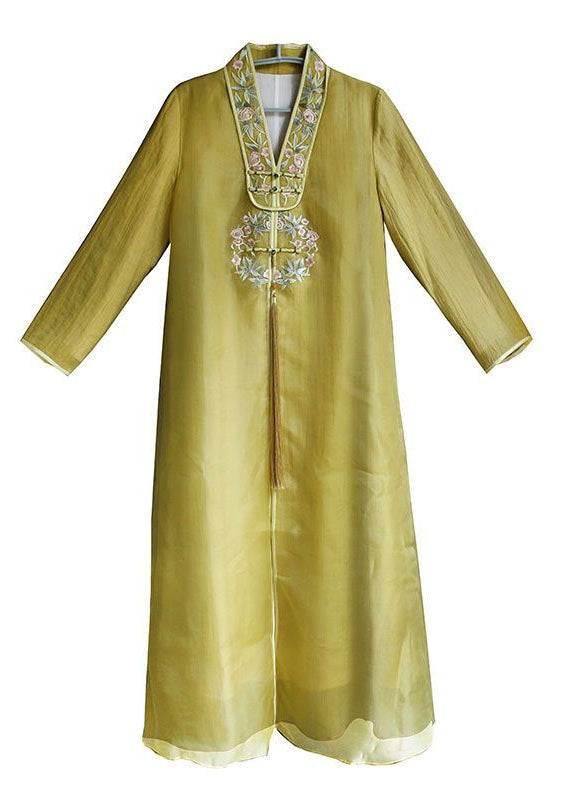 Yellow V Neck Embroideried Patchwork Silk Dress Spring