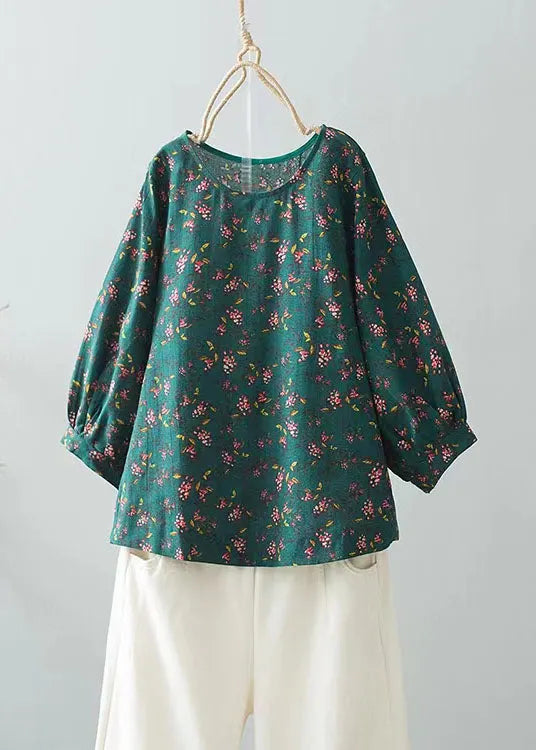 Fitted Blue O-neck Print Shirt Top Long Sleeve
