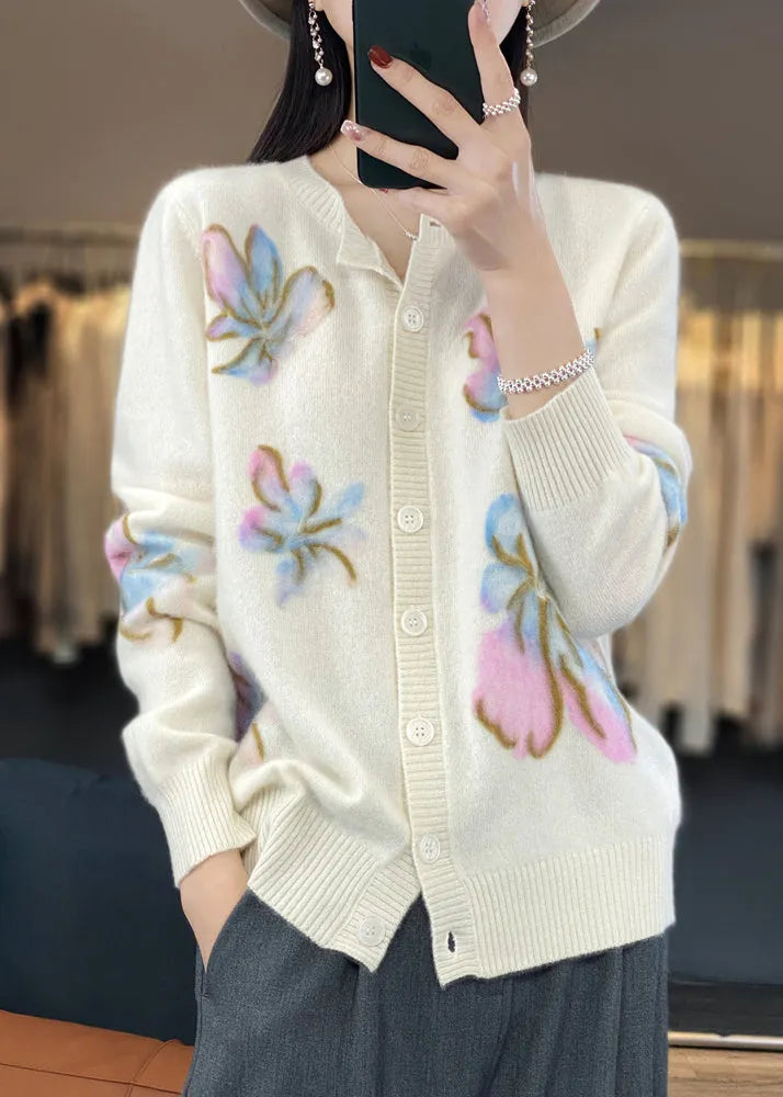 White O Neck Button Cotton Knit Coat Spring