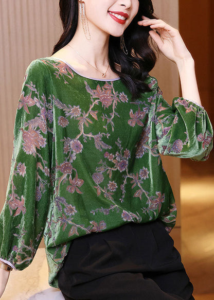 Modern Green O-neck Patchwork Velour Shirt Top Spring