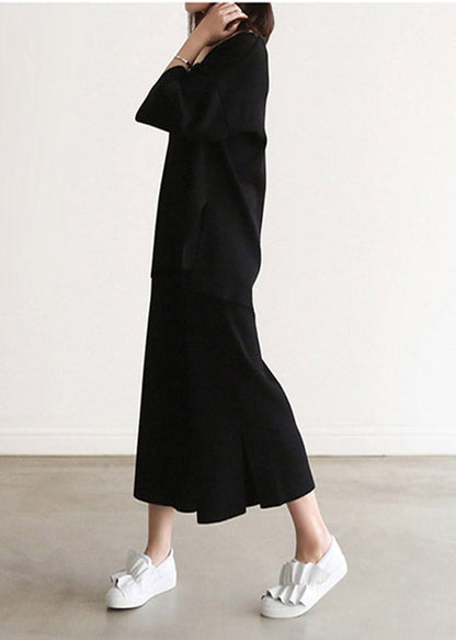 Black Knit Top and Wide Leg Pants Two Pieces Set Spring