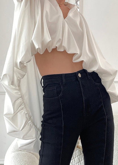 Stylish White Asymmetrical Wrinkled Cotton Shirts Lantern Sleeve
