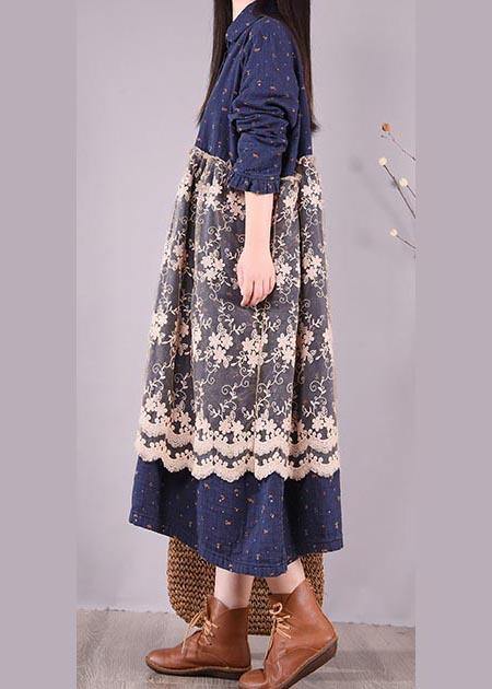 Unique Blue Print Dresses Patchwork Lace Kaftan Spring Dress