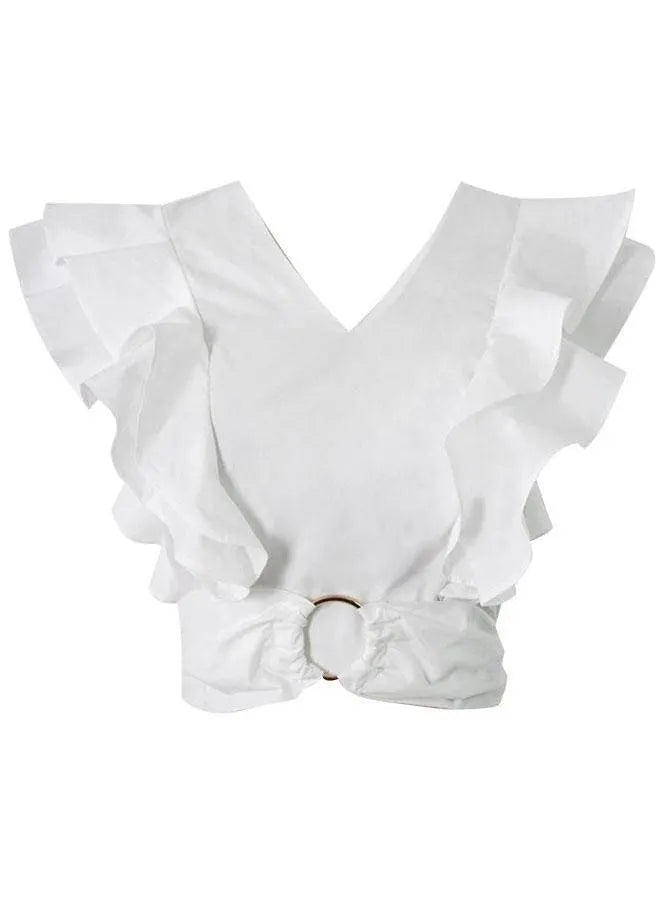 White V Neck Ruffleszippered Summer Top