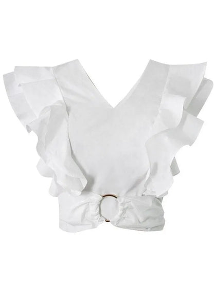 White V Neck Ruffleszippered Summer Top