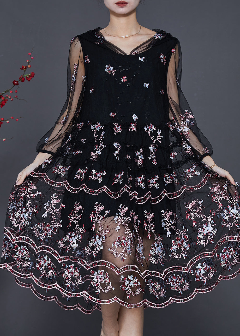 Black Embroidered Tulle Beach Dresses Summer