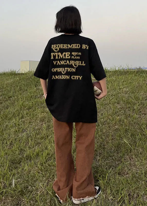 Black Print Cotton Tops T Shirt O Neck Summer