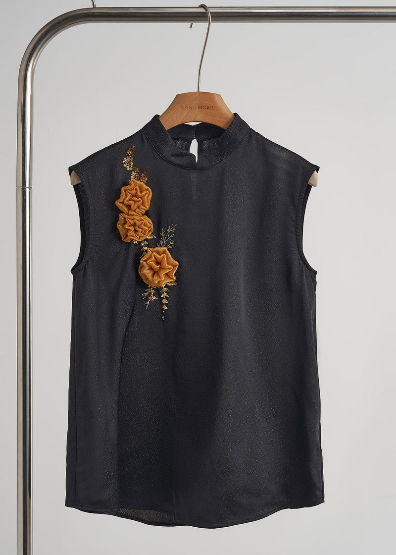 Black Embroidered Decorated Silk Vest Sleeveless