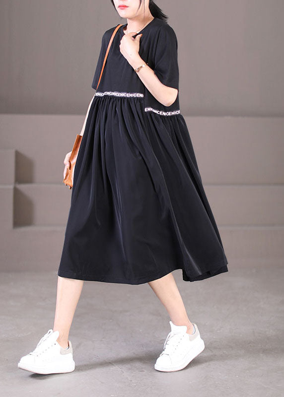 Black O-neck Oversized Letter Applique Pleated Dress Summer