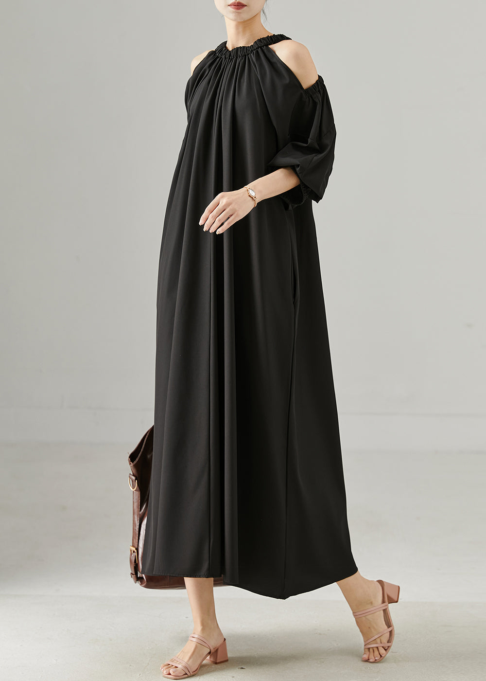 Black Cold Shoulder Oversized Cotton Dresses Spring