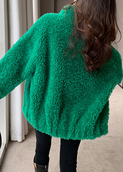 Diy Green Stand Collar Zippered Cozy Faux Fur Coat Long Sleeve