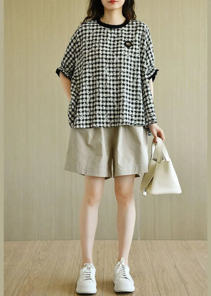 Fitted Black White Plaid O-neck Print Summer Top Half Sleeve