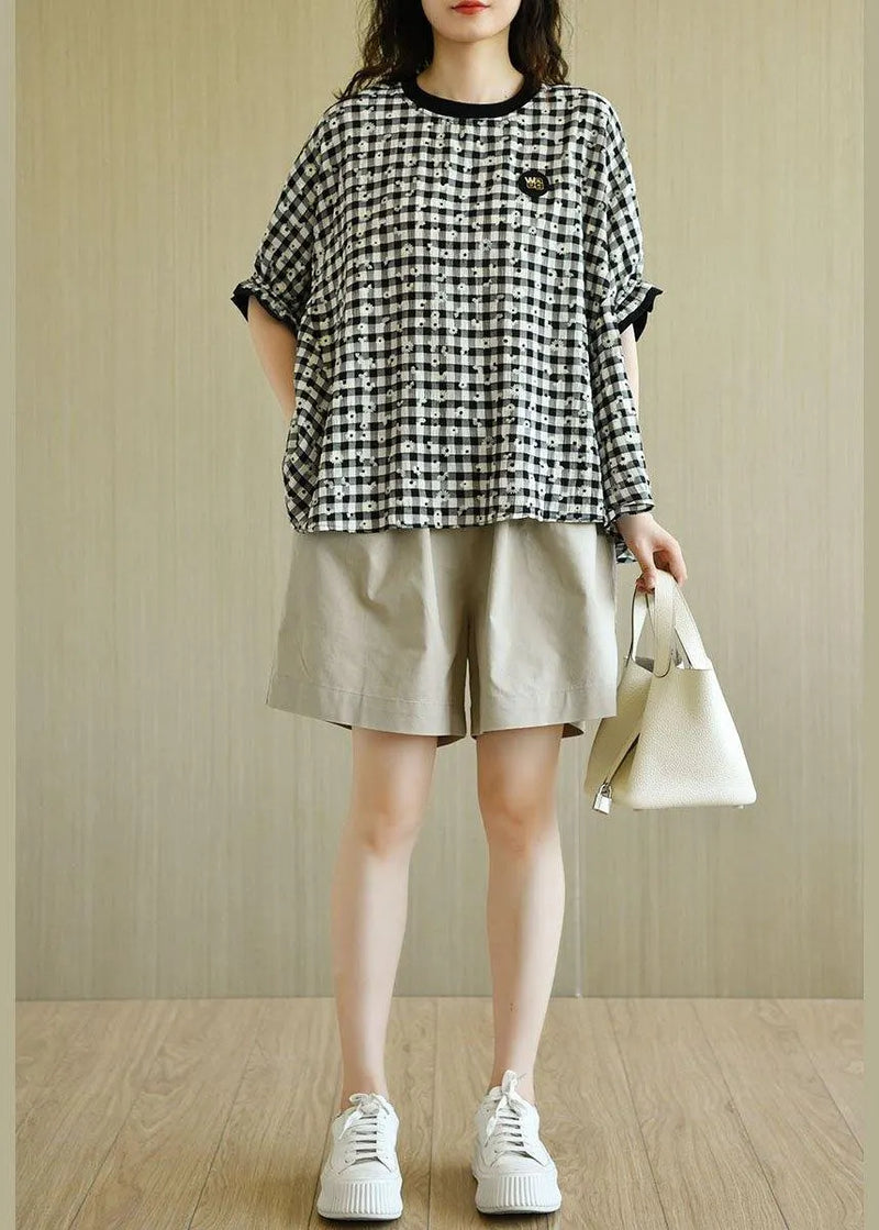Fitted Black White Plaid O-neck Print Summer Top Half Sleeve
