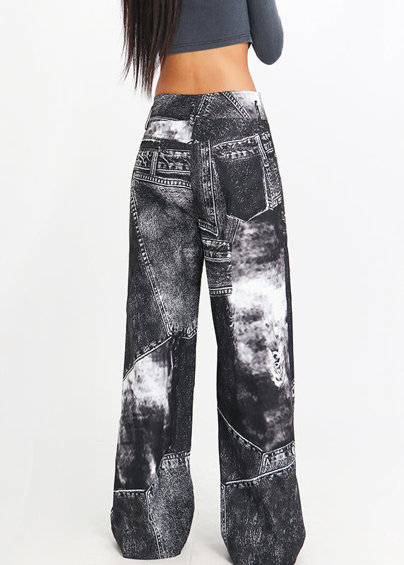 Black Print High Waist Denim Pants Spring