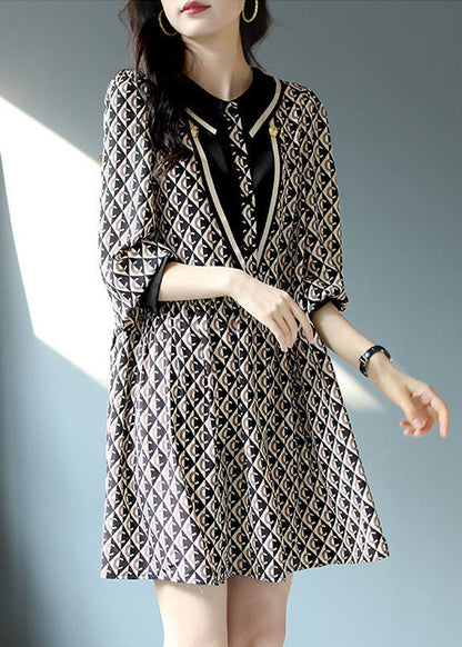 Black Peter Pan Collar Print Patchwork Chiffon Dresses Spring