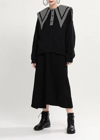 Black Peterpan Collar Button Print Fall Loose Sweatshirts Top