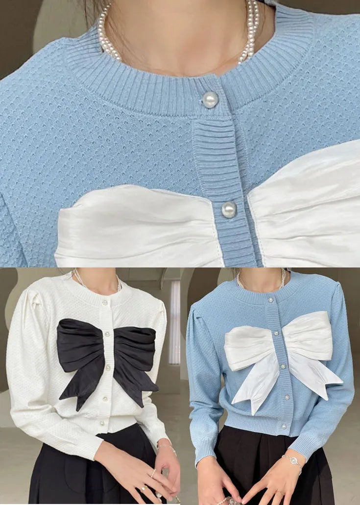 White Button Bow Knit Shirt Tops Spring