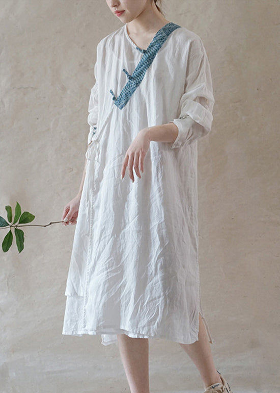 Art White Button Tie Waist Asymmetrical Linen Long Dress Spring