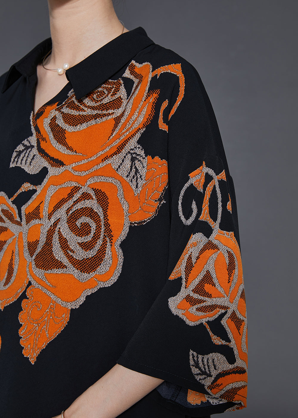 Black Oversized Print Silk Shirts Bracelet Sleeve