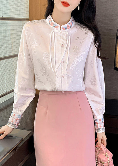 White Stand Collar Embroidered Silk Shirts Long Sleeve