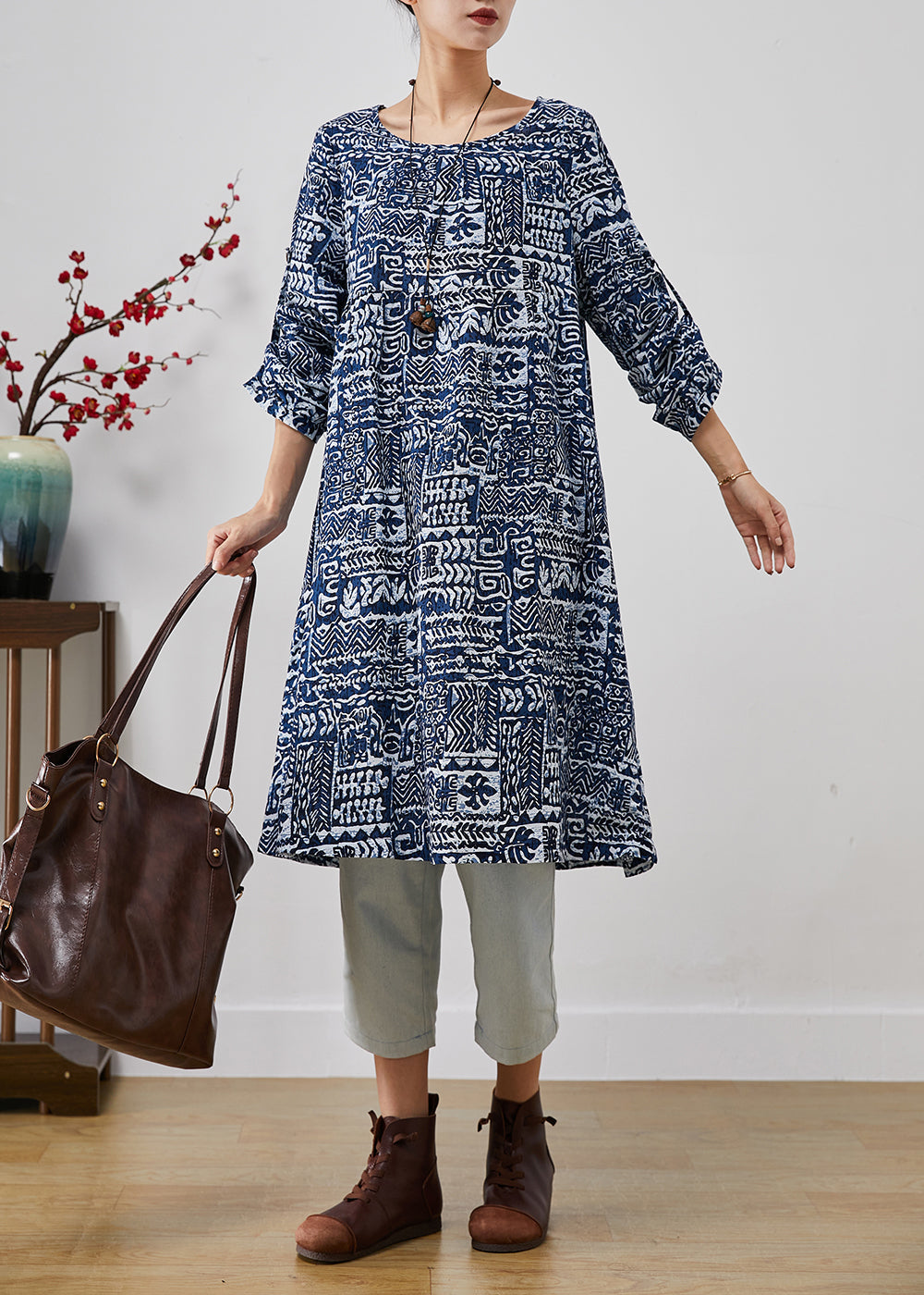 Navy Oversized Print Linen Dress Fall