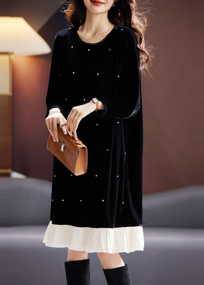 Fine Black O Neck Nail Bead Patchwork Velour Dress Fall