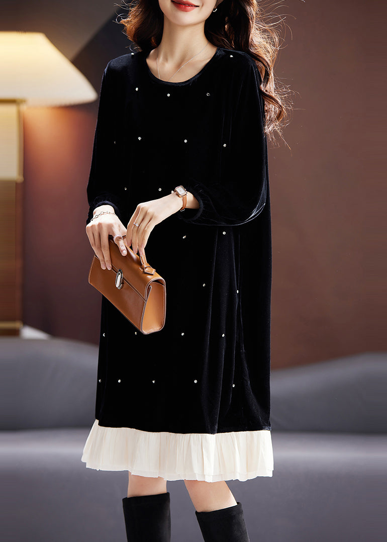 Fine Black O Neck Nail Bead Patchwork Velour Dress Fall