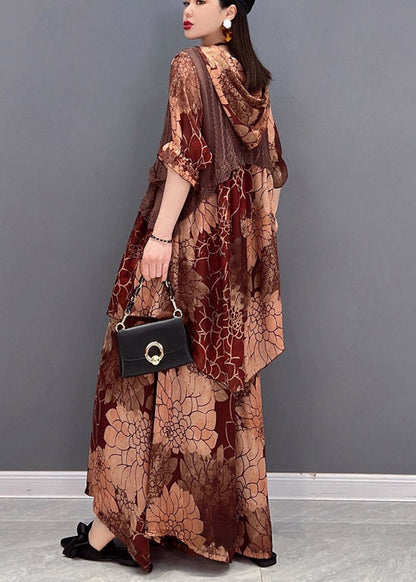 Brown Hooded Knit Patchwork Chiffon Tops and Wide Leg Pants Two Pieces Half Sleeve Spring