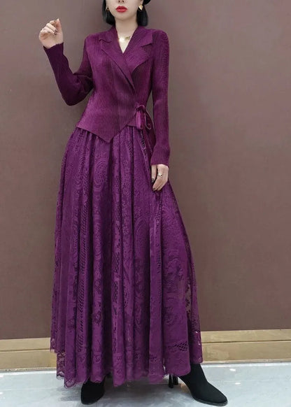 Fitted Purple Tie Waist Peter Pan Collar Knit Tops Lace Skirts Sets Two Pieces Spring