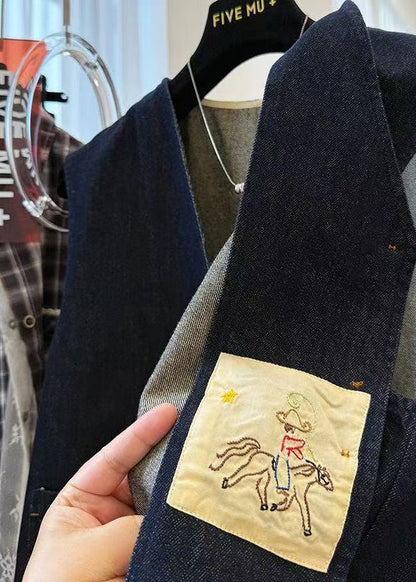 Navy Oversized Pockets Denim Vests Fall