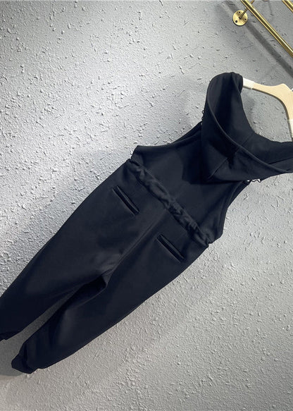 Black Pockets Drawstring Patchwork Cotton Overalls Jumpsuit Fall