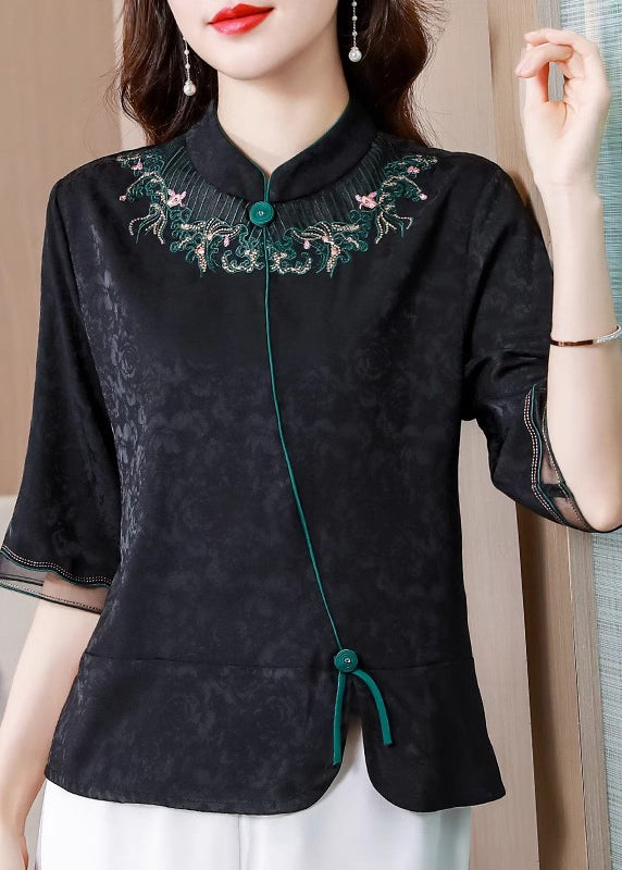 Black Stand Collar Embroidered Silk Blouse Top Summer
