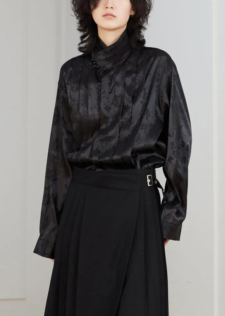 Chinese Style Black Stand Collar Button Silk Blouse Fall